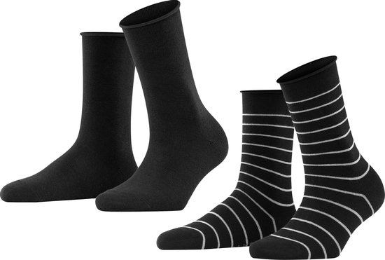 FALKE Happy Stripe 2-Pack gestreept met patroon katoen multipack sokken dames zwart - Maat 39-42