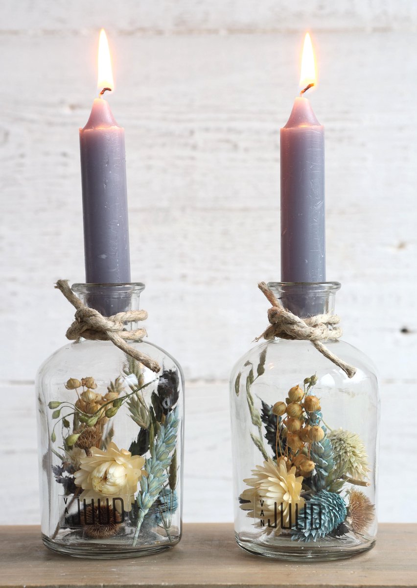 Droogbloemen in Glas met Grijze Kaarsen - Decoratieve Flessen met Kaars - Droogbloemen met vaas - 2