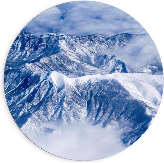 Dibond Wandcirkel - Bergen in de Sneeuw - Foto op Aluminium Wandcirkel (met ophangsysteem)