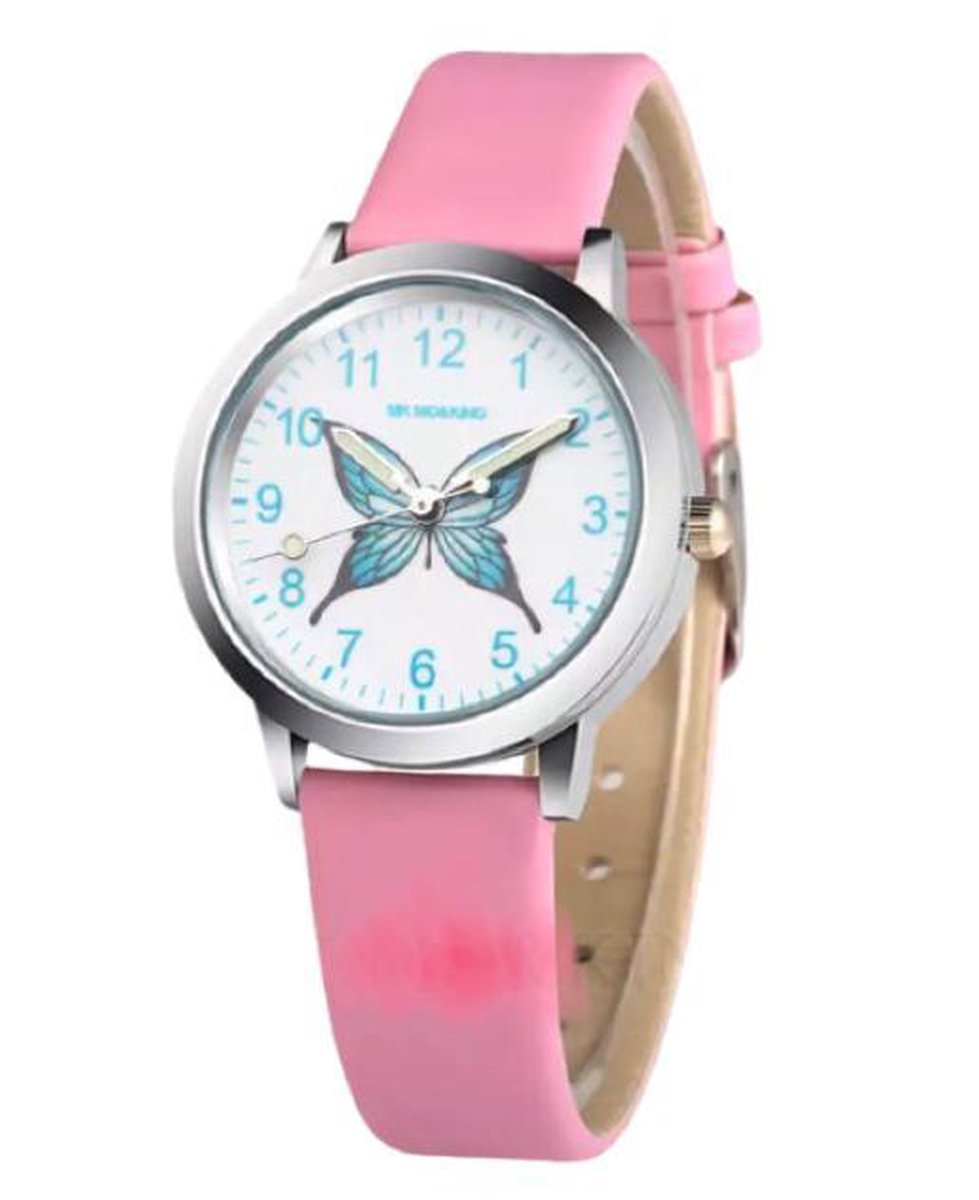 Meisjes horloge met blauwe vlinder afbeelding en roze leer bandje.