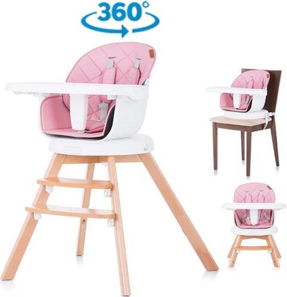 Kinderstoel 3 in 1 Rotto roze 360 graden draaibaar, geschikt vanaf 6+ maanden