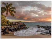 Dibond - Hawaï Strand met Ondergaande Zon - 40x30cm Foto op Aluminium (Wanddecoratie van metaal)