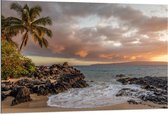 Dibond - Hawaï Strand met Ondergaande Zon - 120x80cm Foto op Aluminium (Wanddecoratie van metaal)