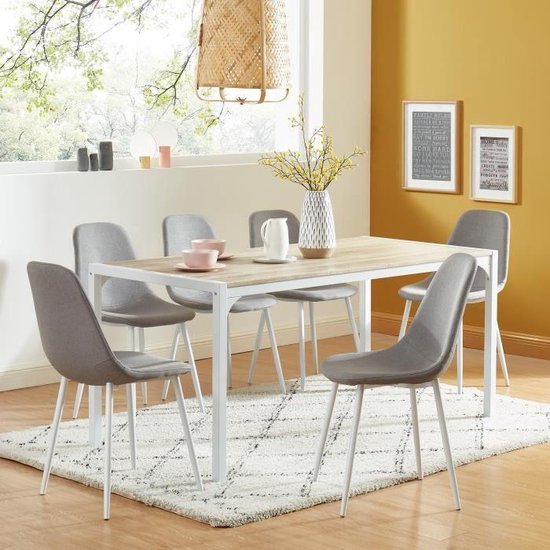 Eettafel set + 6 grijze stoffen stoelen - Hout en wit - L 160 x D 80 x H 75  cm - ALPHA | bol.com