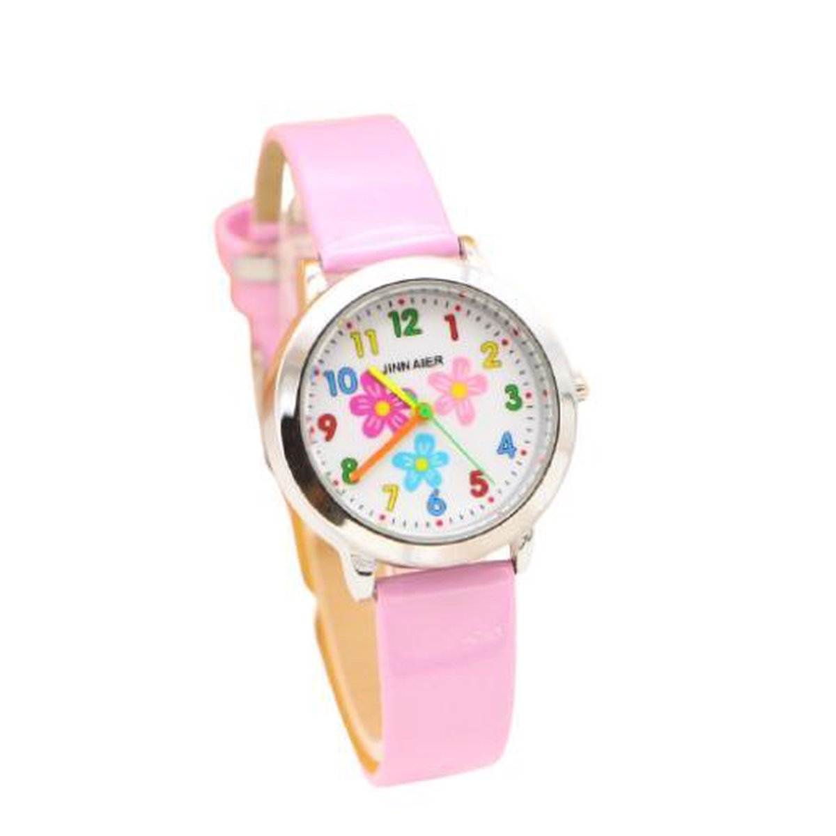 Meisjes horloge roze met bloem afbeelding en leer bandje.