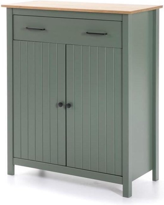 Hoog dressoir 2 deuren 1 lade - Gewaxt groen decor - L 90 x D 40 x H 110 cm  - MADINA | bol.com
