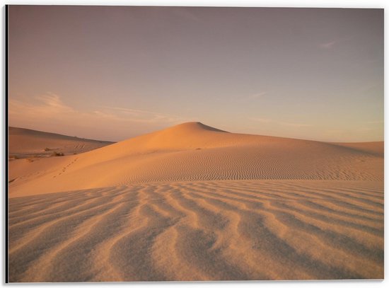 Dibond - Woestijn Tijdens Zonsondergang - 40x30cm Foto op Aluminium (Wanddecoratie van metaal)