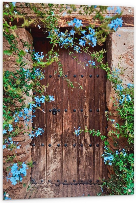 Tuinposter – Houten Deur met Blauwe Bloemen - 80x120cm Foto op Tuinposter  (wanddecoratie voor buiten en binnen)