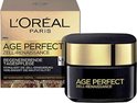 Een doosje L'Oréal Age Perfect Zell-Renaissance crème met een gouden en zwarte opdruk. Naast het doosje staat de zwarte pot crème met gouden deksel.