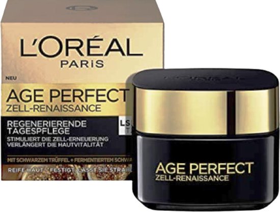 Een doosje L'Oréal Age Perfect Zell-Renaissance crème met een gouden en zwarte opdruk. Naast het doosje staat de zwarte pot crème met gouden deksel.