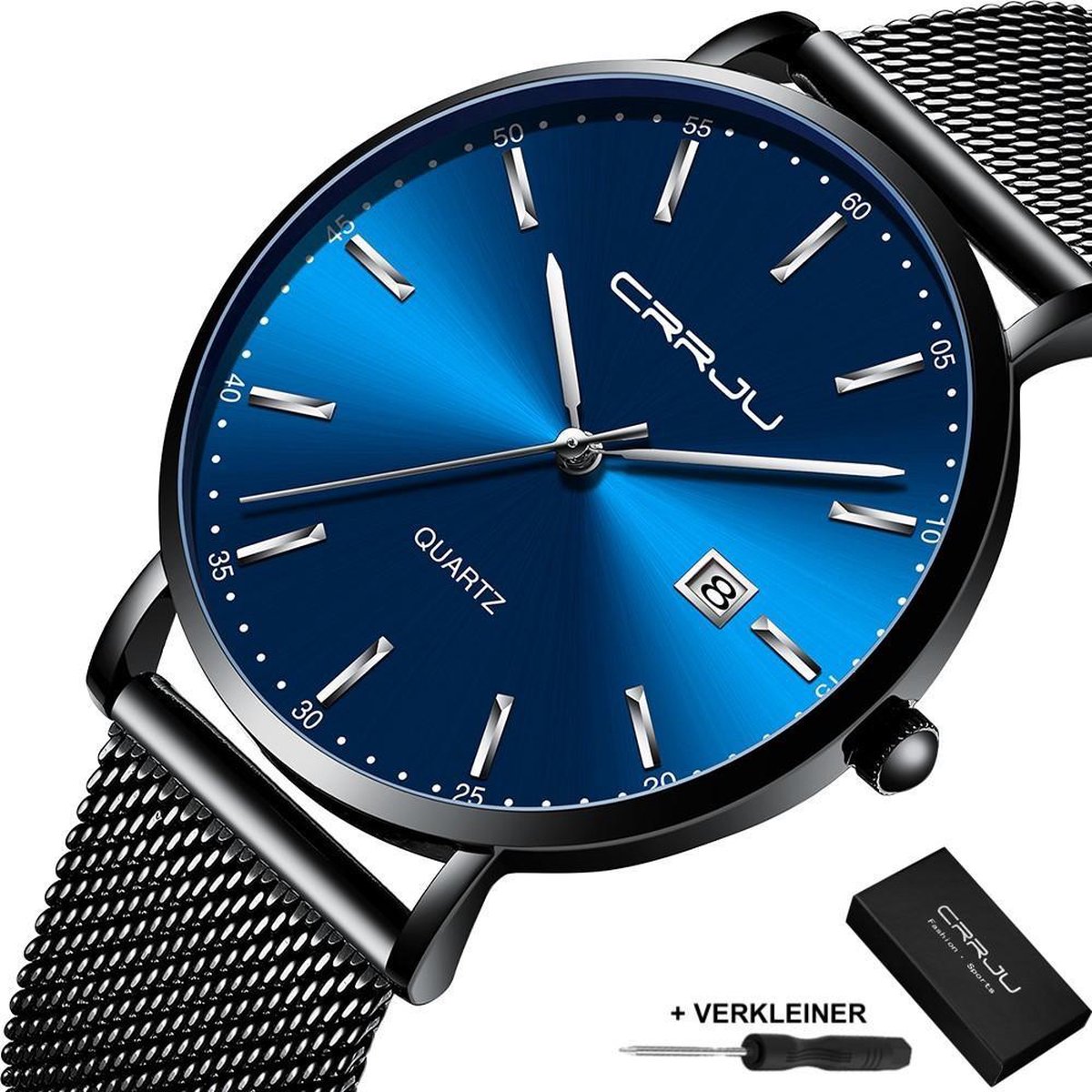 CRRJU - Horloge Heren Dames Unisex - Cadeau voor Vrouw en Man - 41 mm - Zwart Blauw Zilver