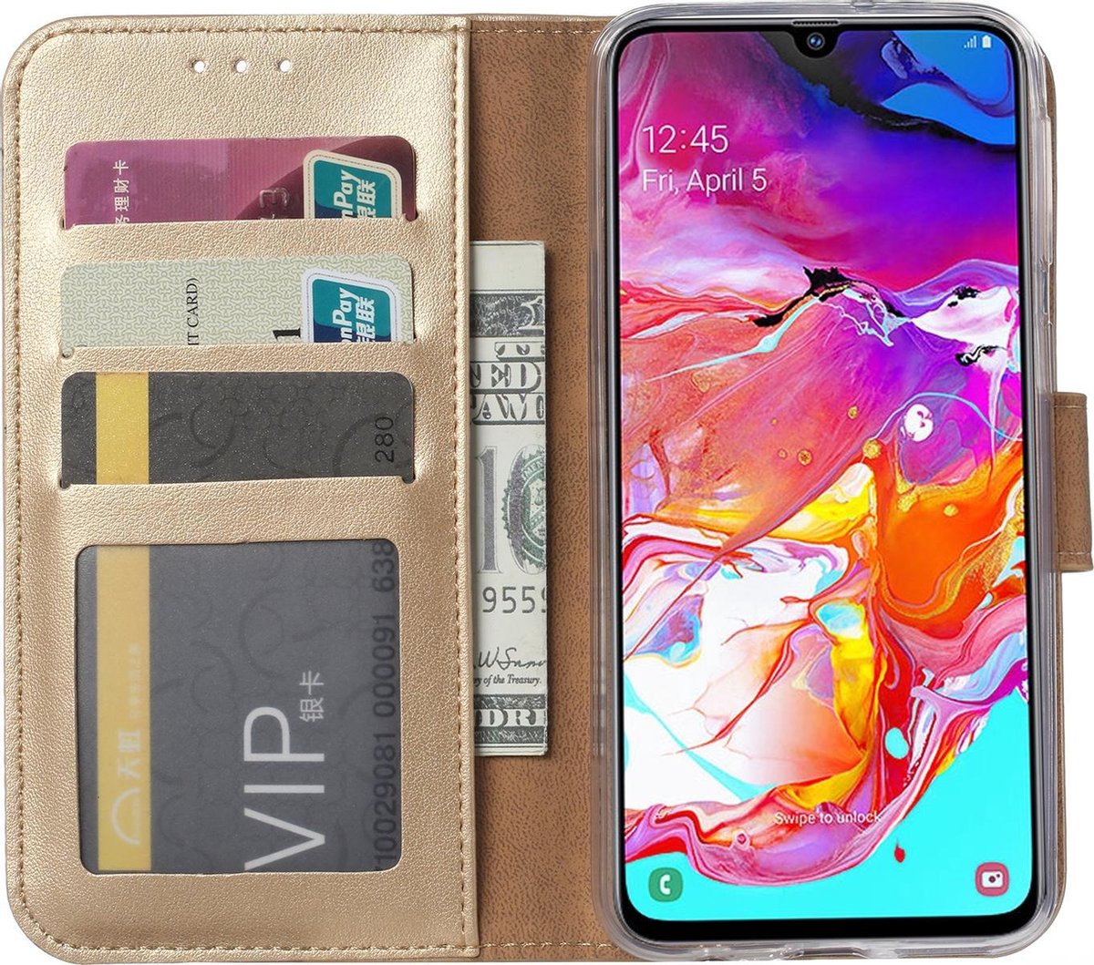 BixB Samsung Galaxy A70 hoesje - bookcase goud + tempered glas screenprotector