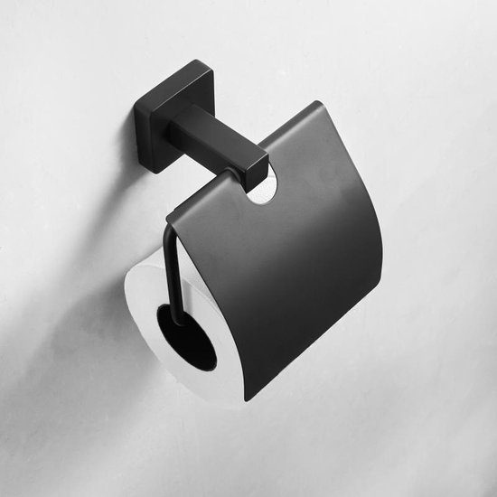 HomeBasics Toiletrolhouder Zwart Met Klep | Mat Zwart | RVS | WC Rolhouder | Toilet Papier Houder Zwart - HomeBasics