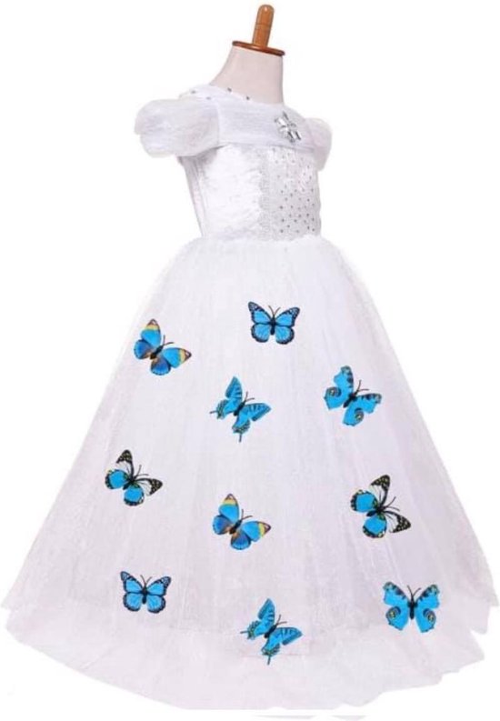 Prinsessenjurk wit met blauwe vlinders maat 128/134 |