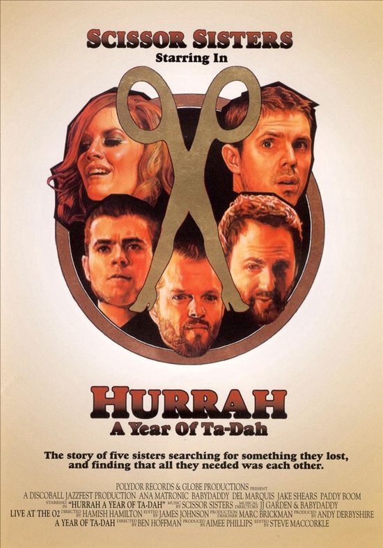 Scissor Sisters in Hurrah A Year Of Ta-Dah, met een schaar symbool in het midden en gezichten van de bandleden.
