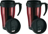 Set van 4x stuks thermosbeker/warmhoudbeker rood/zwart 400 ml - Thermo koffie/thee bekers dubbelwandig met schroefdop