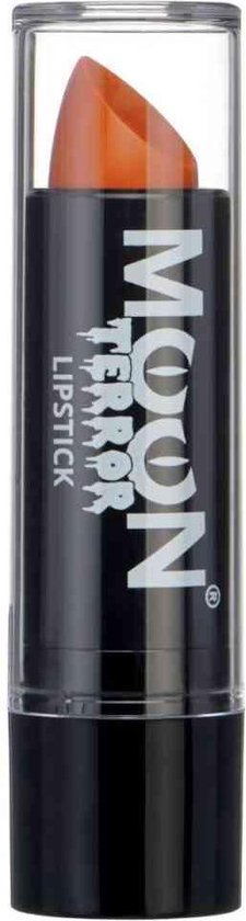 Oranje Moon Terror lippenstift in zwarte huls met heldere dop.