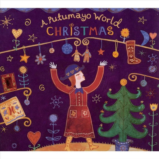 Albumcover met een meisje met armen omhoog voor een kerstboom, omringd door kerstversieringen en sterren op een paarse achtergrond.