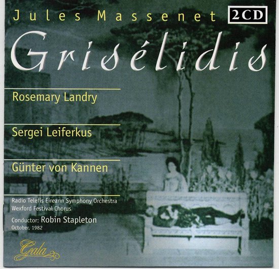 Cd-hoes van Jules Massenets Grisélidis met artiestennamen en een zwart-witafbeelding van een parkbank.