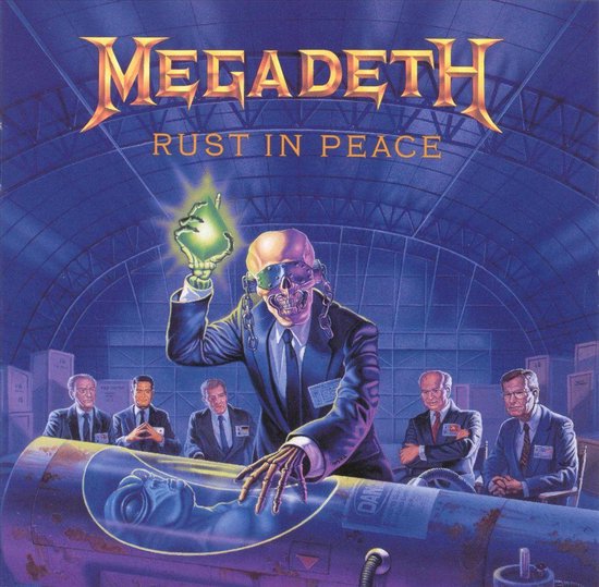 Megadeth - Rust In Peace albumhoes met Vic Rattlehead die een gloeiende groene bol vasthoudt boven een raket.