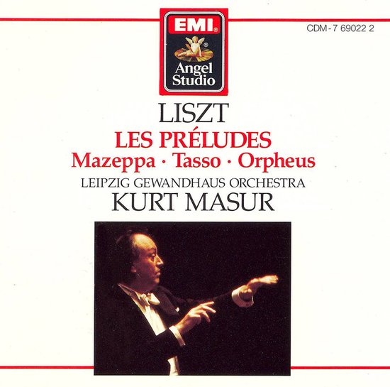 Liszt Les Préludes, Mazeppa, Tasso, Orpheus door Kurt Masur met het Gewandhausorchester Leipzig. Klassieke muziek-cd-hoes.