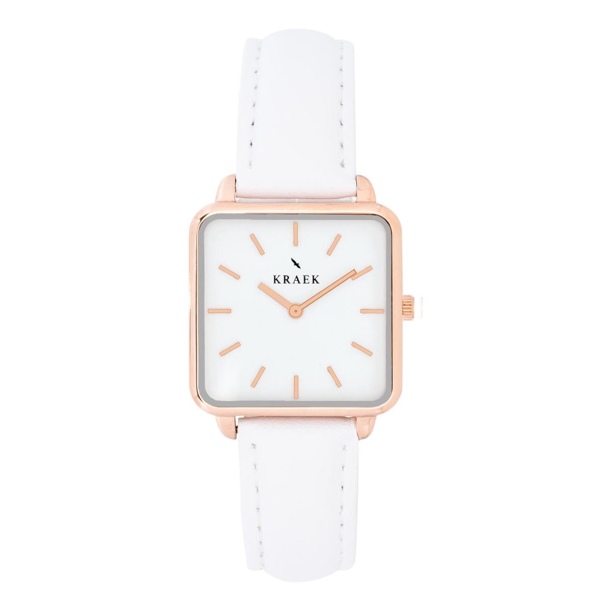 KRAEK Sofia Rosé Goud Wit 28 mm | Dames Horloge | Wit leren horlogebandje | Vierkant | Minimaal Design