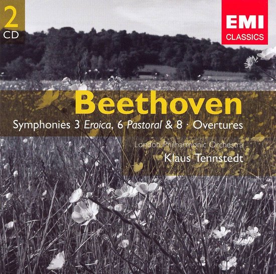 CD-hoes met 'Beethoven Symphonies 3 Eroica, 6 Pastoral & 8 Overtures' in gele letters, met foto van veldbloemen en bomen.