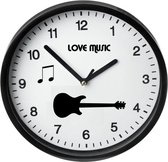 Moderne Zwarte Klok / I love music / Gitaar / Muurklok Zwart / Wandklok Zwart / 23cm / Ronde Muurklok / Wandklok