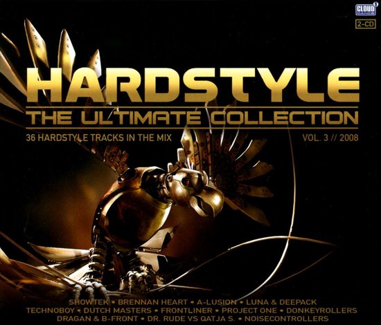 Voorkant van de cd-hoes: "HARDSTYLE THE ULTIMATE COLLECTION VOL. 3 // 2008". Een gouden mechanische vogel staat centraal.
