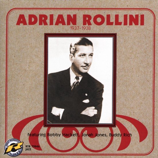 Cd-hoes van Adrian Rollini 1937-1938 met een zwart-witfoto van een man in pak tegen een beige achtergrond.