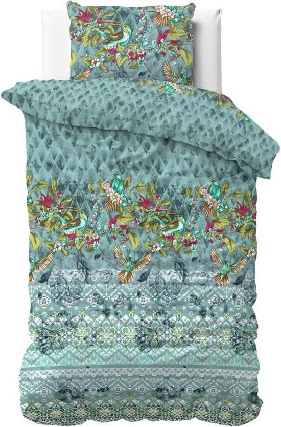 Snoozing Foxglove - Katoen-satijn - Dekbedovertrek - Eenpersoons - 140x200/220 cm 1 kussensloop 60x70 cm - Groen