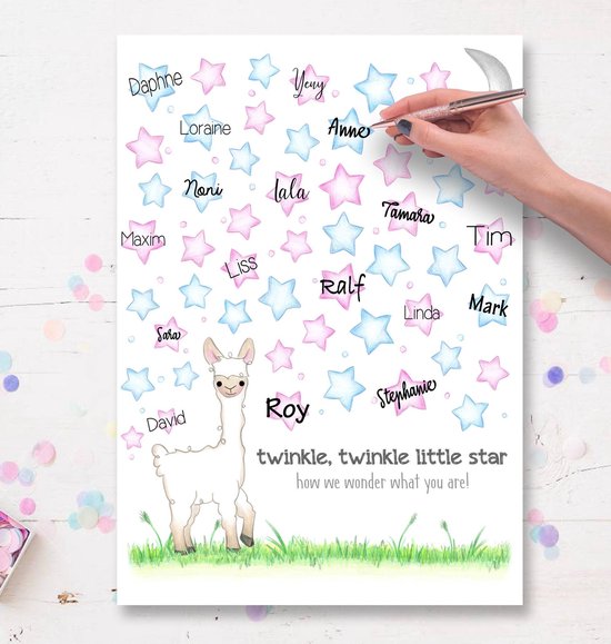 Een poster met een lama, sterren (roze en blauw) en een maan. Namen zoals Daphne, Loraine, Noni, Maxim, David, Roy, Liss, Ralf, Linda, Stephanie, Anne, Tamara, Tim, Mark, Youy zijn erop geschreven. Tekst: 'twinkle, twinkle little star how we wonder what you are!'