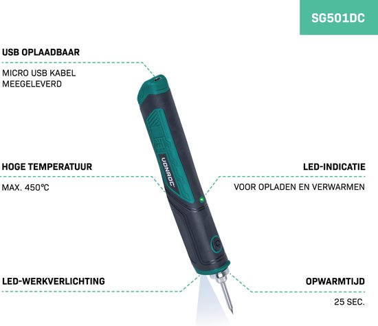 VONROC Soldeerbout 4V – Max. 450°C – Incl. Soldeerbouthouder met spons, soldeer tin- en tips - VONROC