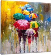 Kleurrijke Paraplu's. 100x100cm Origineel Olieverfschilderij Gedrukt Op 100% Katoenen Canvas. Uitgerekt Op Frame. Wandhanger Geïnstalleerd.