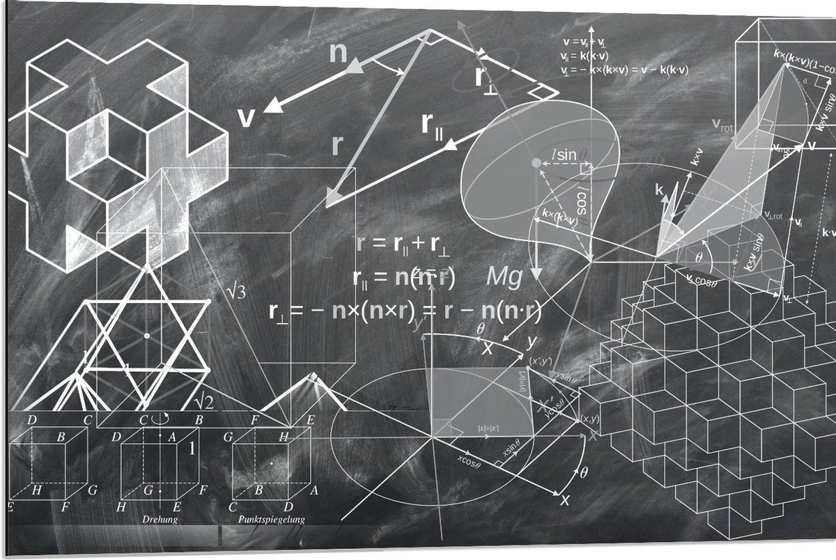 Dibond - Geometrie op Krijtbord - 90x60cm Foto op Aluminium (Wanddecoratie van metaal)