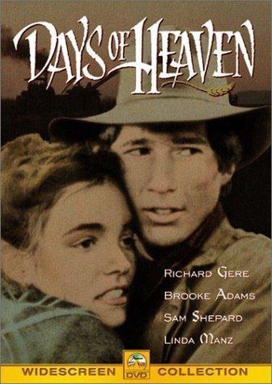 DVD-cover van 'Days of Heaven' met close-up van een jonge vrouw met bruin haar en een man met een cowboyhoed. Castlist en 16-rating zichtbaar.
