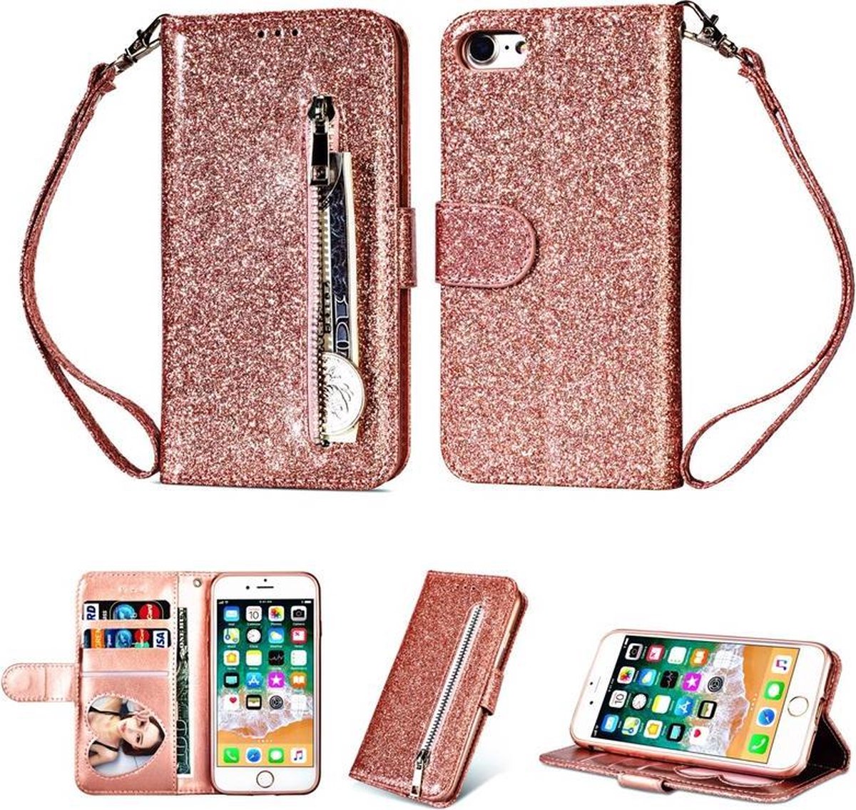 Glitter Bookcase geschikt voor Apple iPhone 8 | iPhone 7 | iPhone SE 2020 | Hoogwaardig PU Leren Hoesje | Lederen Wallet Case | Telefoonhoesje | Pasjeshouder | Portemonnee | Roze Goud