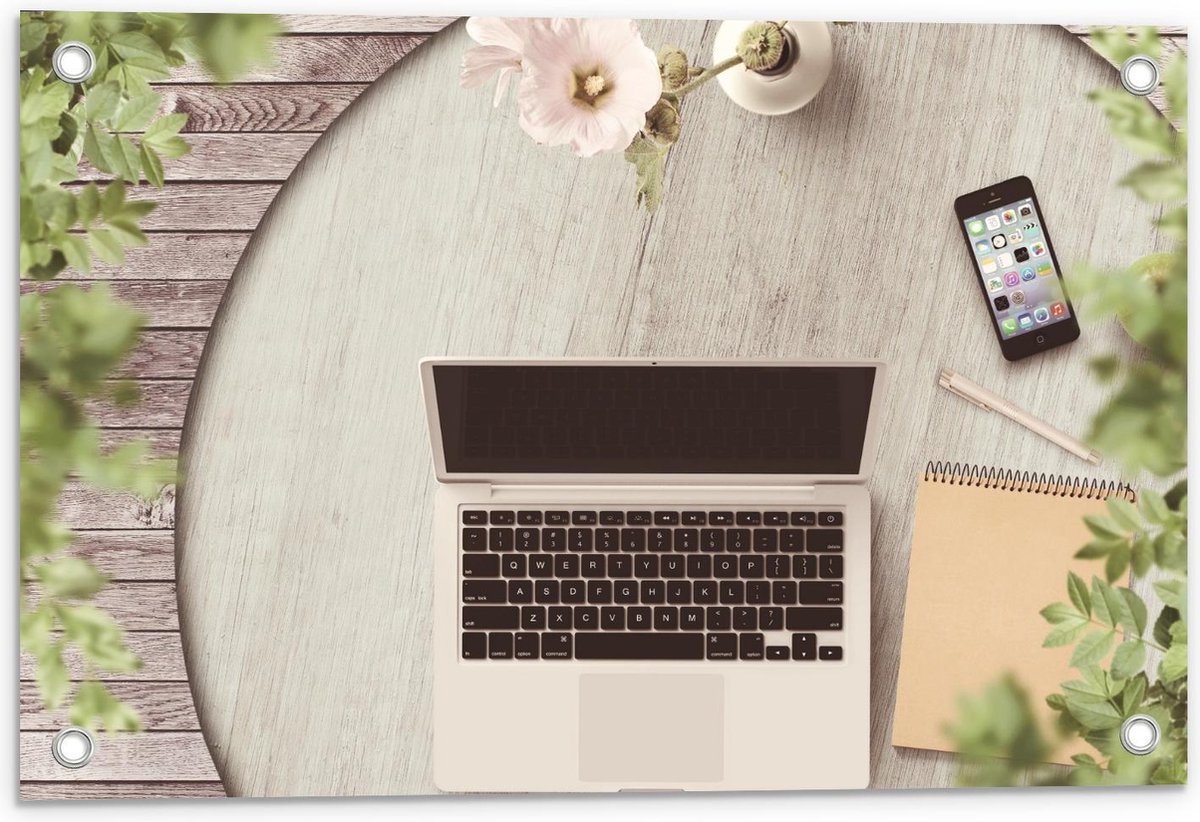 Tuinposter – Laptop op Tuintafel - 60x40cm Foto op Tuinposter (wanddecoratie voor buiten e