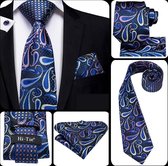 Luxe Blauwe Paisley stropdas met pochet en manchetknopen (31532)