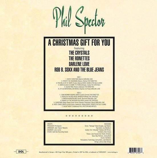 Achterkant van de Phil Spector 'A Christmas Gift For You' LP-platensingle met tracklijsten en credits.