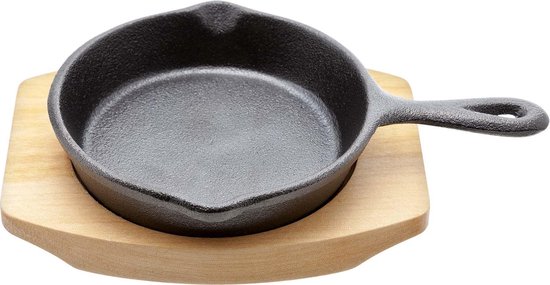 Mangel Bevatten comfort Gietijzeren pan met handvat en bamboe onderzetter - rond diameter 10.5cm  -... | bol.com