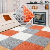 Himalaya Basic Shaggy Geblokt vloerkleed Oranje / Grijs Hoogpolig- 80x150 CM.