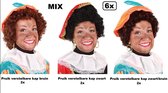 6x Kwaliteit Piet pruik zwart-bruin-zwart/bruin met verstelbare kap - Piet pruiken Sinterklaas feest
