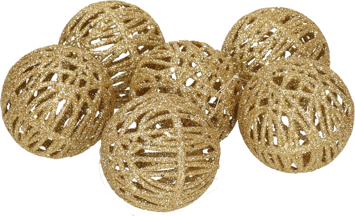 6x Rotan kerstballen goud met glitters 5 cm