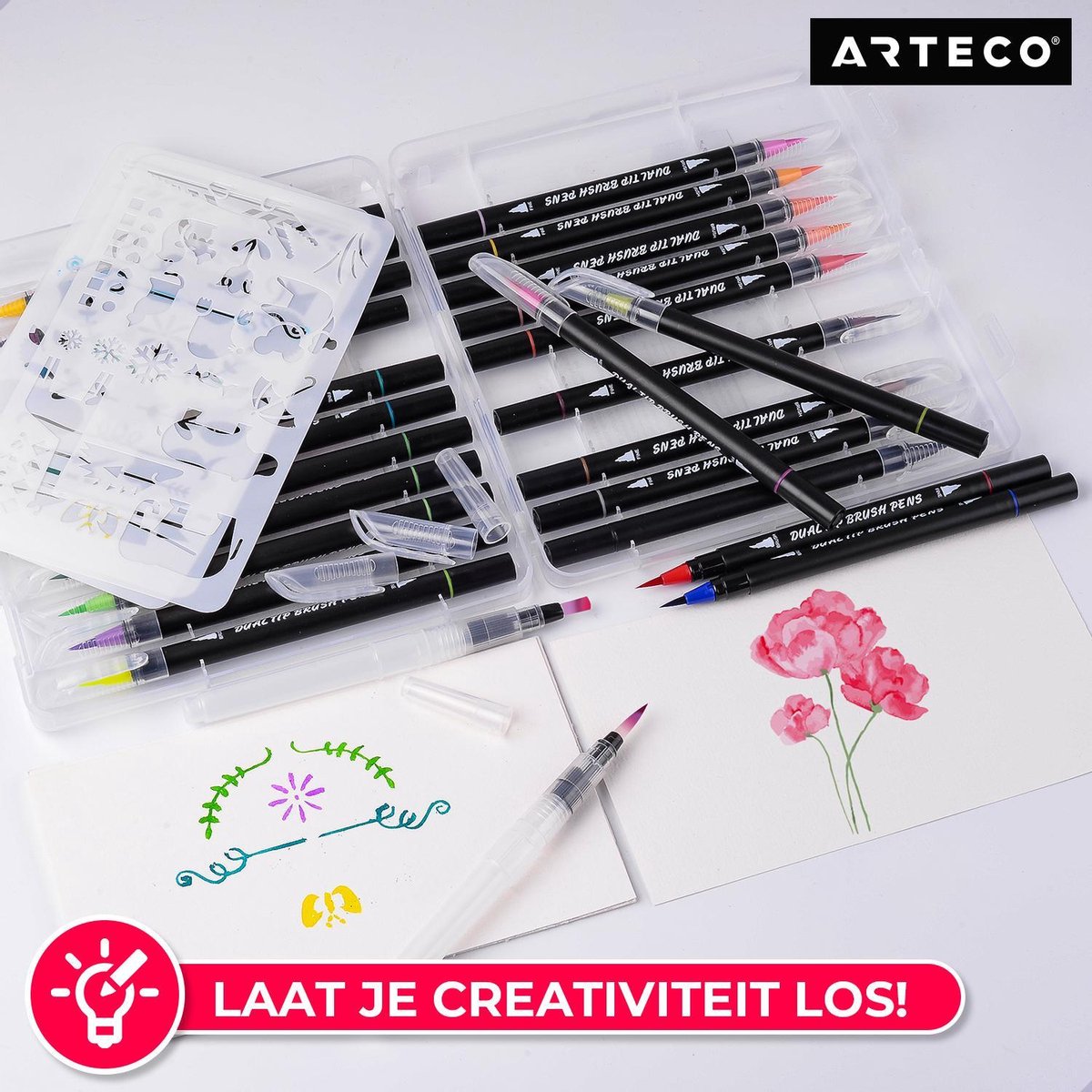 ARTECO® 24 Penseelstiften + 2 Water Brush Pennen Set - Inclusief Aquarel Papier en Sjablonen - Brushlettering – Penseelpen - Cadeau — afbeelding 4