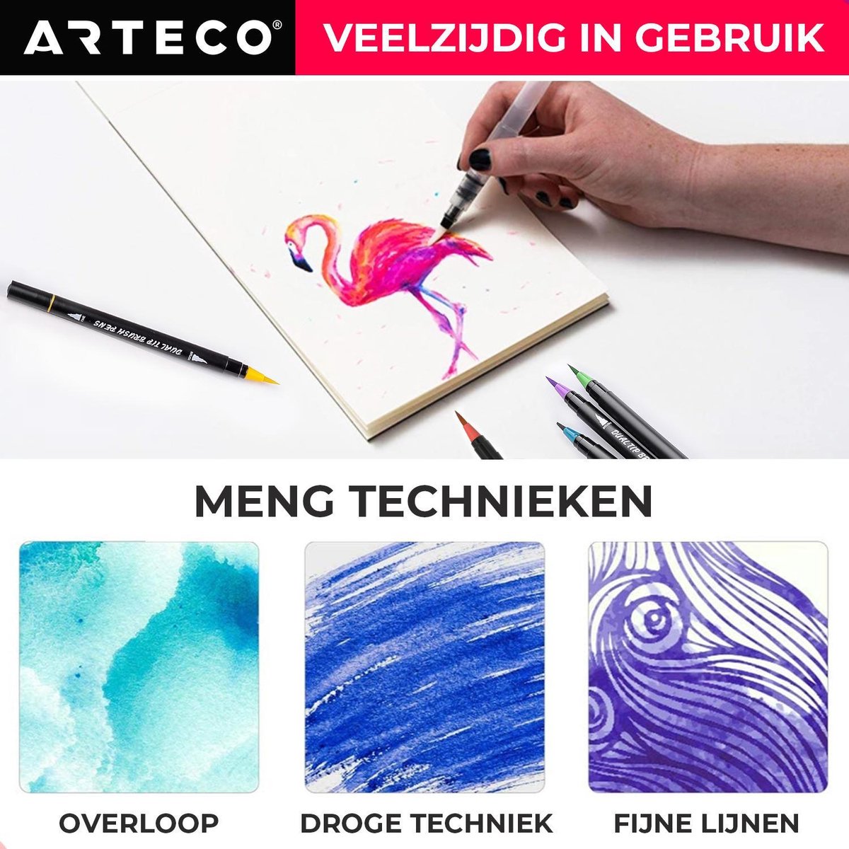 ARTECO® 24 Penseelstiften + 2 Water Brush Pennen Set - Inclusief Aquarel Papier en Sjablonen - Brushlettering – Penseelpen - Cadeau — afbeelding 5