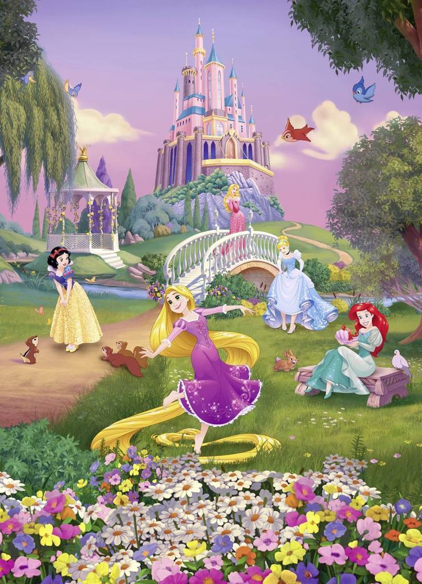 Fotobehang - Disney - Prinsessen - Rapunzel - Ariel - Sneeuwwitje - Kasteel - Meisjesslaapkamer - Assepoester - Kinderkamer - 1,84 x 2,54 M