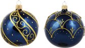 Chique Blauwe Glanzende Kerstballen met Luxe Gouden Decoratie - Doosje van Zes kerstballen van 8 cm