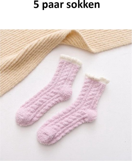 5 paar fuzzy sokken dames – roze – huissokken – huissokken dames – maat 35-40 - Moederdag - Cadeau