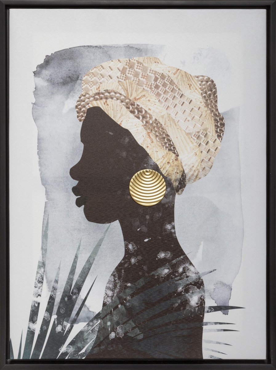 Canvas Doek 'Afrikaanse vrouw' met metalen oorbel goud met lijst  - Schilderij Afrika Zwart & Goud - Atmosphera Créateur d'intérieur®